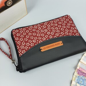 Portefeuille zippé femme/Sakura rouge/simili cuir noir/Porte-monnaie/Porte-carte/Anniversaire/cadeau femme/Saint-Valentin