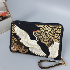 Portefeuille zippé femme/Grues noir blanc doré/Porte-monnaie/Porte-carte/Anniversaire/cadeau femme/Saint-Valentin