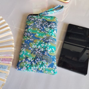 Etui téléphone/Akina turquoise doré/Pochette sur mesure/Smartphone/Cadeau femme/Anniversaire/Nöel/Saint-Valentin