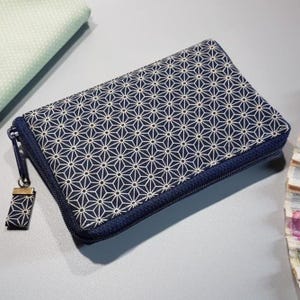 Cartera con cremallera para mujer/Asanoha azul marino/Monedero/Tarjetero/Cumpleaños/Regalo para mujer/San Valentín