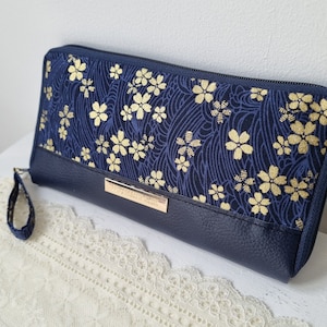 Portefeuille femme simili cuir bleu marine et coton Zippé tout en un cadeau pour elle ou cadeau de fête des mères cadeau utile et artisanal
