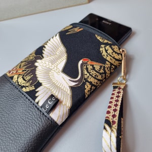 Etui Smartphone zippé/Grues noir doré/Simili cuir noir/Sur-mesure/Anniversaire/Cadeau femme/Fête des mères/StValentin