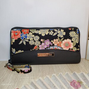 Portefeuille zippé long femme/Kanako NOIR doré fleuri/ ZIP NOIR/Simili Cuir Noir/Billets/Monnaie/Anniversaire/cadeau femme/Saint-Valentin