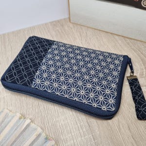 Portefeuille zippé femme/Bicolore Asanoha bleu marine /Porte-monnaie/Porte-carte/Anniversaire/cadeau femme/Saint-Valentin