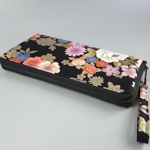 Portefeuille zippé femme noir fleuri Kanako porte-monnaie et porte-cartes tout-en-un, cadeau anniversaire Saint-Valentin élégant pour elle