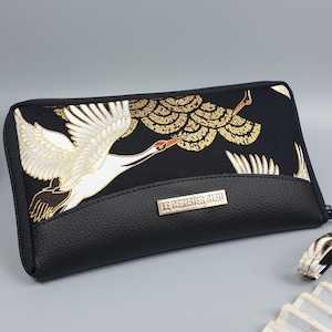 Portefeuille femme Zippé tout en un/Grues/Simili cuir noir/Anniversaire/cadeau femme/Noël/Saint-Valentin