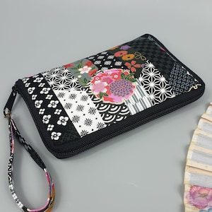 Portefeuille Zippé/Miyuki noir blanc fleurs/porte-monnaie/porte-carte/Cadeau femme/Anniversaire/nöel/Fêtes des mères/Saint-Valentin