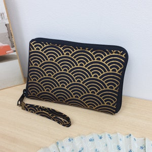 Portefeuille zippé femme/Nami Noir doré/Zip noir/Vagues/Porte-monnaie/Porte-carte/Anniversaire/cadeau femme/Saint-Valentin
