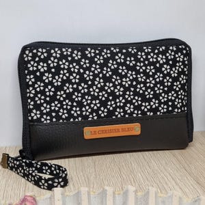 Portefeuille femme zippé/Sakura noir blanc/Simili cuir noir/Porte-monnaie/Porte-carte/Cadeau fête des mères/Anniversaire/cadeau femme/Noël