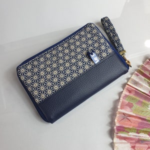 Portafoglio con cerniera da donna/Blu Asanoha/Similpelle blu navy/Portamonete/Porta carte/Compleanno/Regalo da donna/San Valentino