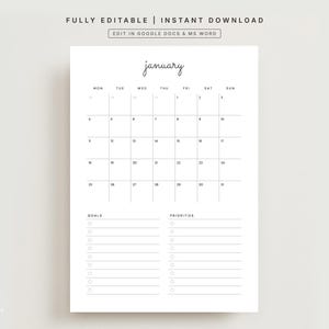 Redigerbar månadsplanerare för Google Dokument och Word 2026, minimalistisk målkalender för stående och liggande format