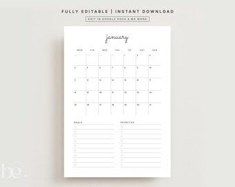 2026 Editable Monthly Planner for Google Docs & Word, Portrait and Landscape Minimalist Goals Calendar