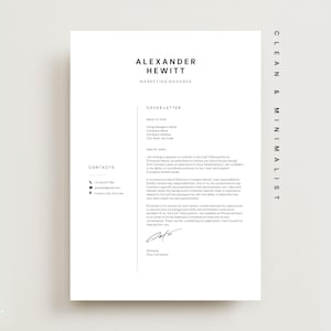 Könnte beinhalten: Minimalistische Vorlage für ein Anschreiben mit dem Namen "Alexander Hewitt" und der Berufsbezeichnung "Marketing Manager" oben. Der Text ist schwarz auf weißem Hintergrund. Die Worte "Clean & Minimalist" stehen vertikal rechts.
