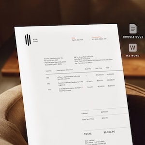May include: A black and white invoice with the text "YOUR LOGO" at the top. The invoice is for Greenhost Solutions, with an invoice number of R-3005-V-007, invoice date of March 20, 2005, and due date of April 3, 2005. The invoice lists three items: AI Route Optimization Software - Monthly License, Custom AI Model Development for Logistics, and AI Route Optimization Software - Monthly License. The total amount due is $9,352.50.