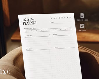 Daily Planner Template Google Docs & Word | Printable and Digital Minimalist Organizer