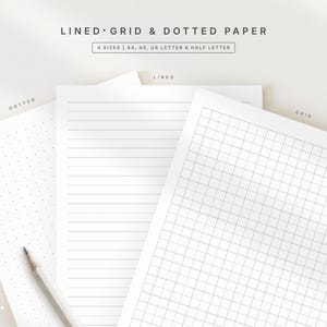 Plantillas de papel imprimibles con líneas, cuadrícula y puntos en tamaños A4, A5 y Carta.
