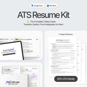 Op de afbeelding: Een ATS-cv-kit met een technische handleiding, een cv-sjabloon van 1-3 pagina's en een checklist. De tekst bevat "ATS Resume Kit", "The Complete 3 Step Career Transition System: From Resignation to Hired" en "100% ATS Friendly."