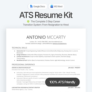 Może przedstawiać: Cyfrowy szablon CV ATS o przejrzystym, profesjonalnym układzie, zawierający sekcje na dane kontaktowe, umiejętności techniczne i doświadczenie zawodowe, wraz z przykładowym tekstem dla imienia i szczegółów kariery.