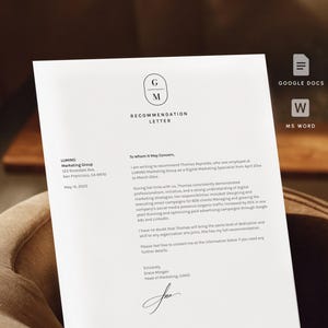 Plantilla de carta de recomendación moderna para Word y Google Docs: diseño profesional y minimalista