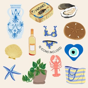 Op de afbeelding: Een set van 12 geïllustreerde iconen met verschillende zomer- en strandthema's, waaronder een blauwe en witte keramische kan, een blikje sardines, een schelp, een blauwe bikini, een blauwe boze oog-amulet, een kreeft, een potplant, een strandtas, een zeester en een zanddollar.