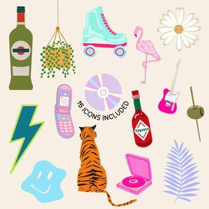May include: A set of 15 colorful icons, including a pink flamingo, a green plant hanging from the ceiling, a blue roller skate, a pink guitar, a green bottle, a red bottle with the word "TABASCO" on it, a blue lightning bolt, a blue smiley face, a pink cell phone, a tiger, a purple CD, a pink record player, a green olive on a stick, and a purple palm leaf.