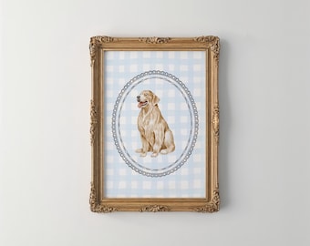 Peut inclure: Une impression encadrée d'un chien golden retriever assis sur un motif vichy bleu et blanc avec un cadre ovale noir décoratif.