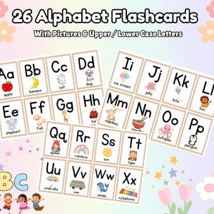 Alphabet Flashcards for Kids – A-Z Printable with Pictures & Upper/Lower Case Letters – Educational ABC Learning Cards – Digital Download