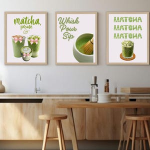 Matcha Wall Art Set | Green Tea Kitchen Prints | Matcha Decor for Cafe or Home | Whisk Sip Repeat | Matcha Please Art Prints l Digital Art