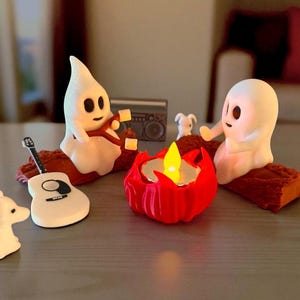 Ghost Campfire Gathering | Cute Halloween Decor | Spooky Ghost Figurines | Haunted Campfire Scene | 3D Printed Display