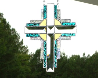Religious Cross Stained Glass Panel Suncatcher (Teal) 91731