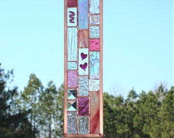 Stained Glass Panel Suncatcher Love is in the Air 2 Pink Valentine Hearts