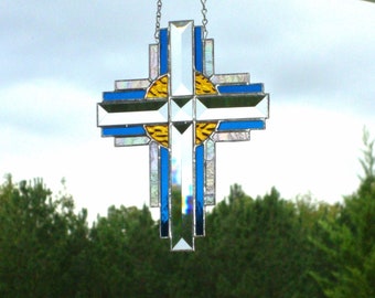 Religious Cross Stained Glass Panel Suncatcher (Deep Teal Blue) 9253