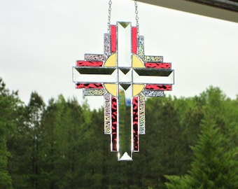 Religious Cross Stained Glass Panel Suncatcher Pink 582