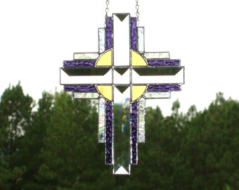 Religious Cross Stained Glass Panel Suncatcher Purple 9173