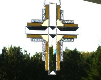 Religious Cross Stained Glass Panel Suncatcher Streaky Yellow 9253