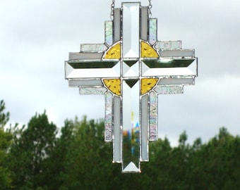 Religious Cross Stained Glass Panel Suncatcher Streaky White 9253