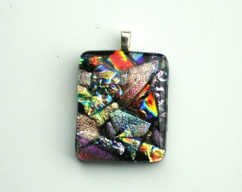 Dichroic Pendant Fused Glass Mardi Gras Teals Square Pendant