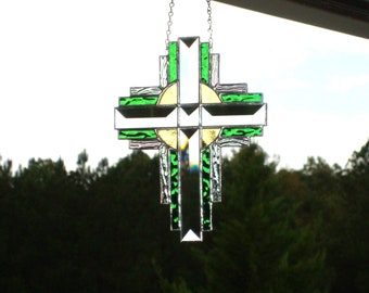 Religious Cross Stained Glass Panel Suncatcher (Green) 10153