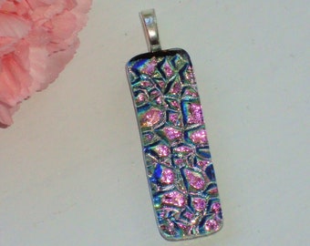 Dichroic Pendant Fused Glass Silver Pink Rectangular Pendant