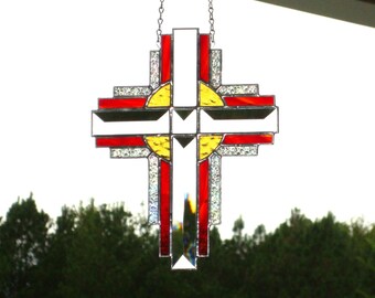 Religious Cross Stained Glass Panel Suncatcher Fire Red 9173