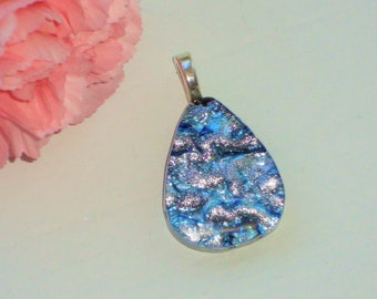 Dichroic Pendant Fused Glass Silver Blue Teardrop Pendant