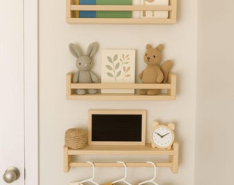 Natural Wooden Wall Shelf - Montessori-Inspired Nursery & Kids Room Organizer |Toy, Book Clothes Rack