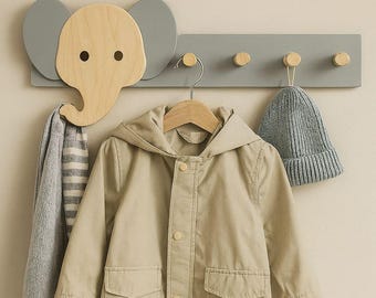 Lindo perchero de pared con forma de elefante – Perchero infantil de madera – Decoración infantil de inspiración Montessori