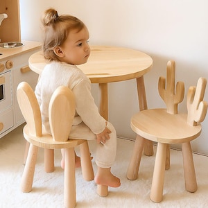 Wooden Kids Table and Chairs Set – Cactus & Bunny Backrest Design – Montessori Inspired Playroom Furniture