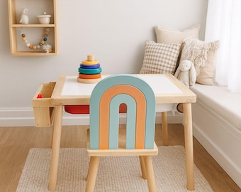 Regenboog Montessori kindertafelset | Handgemaakte houten stoel en bureau | Speelkamermeubels voor peuters