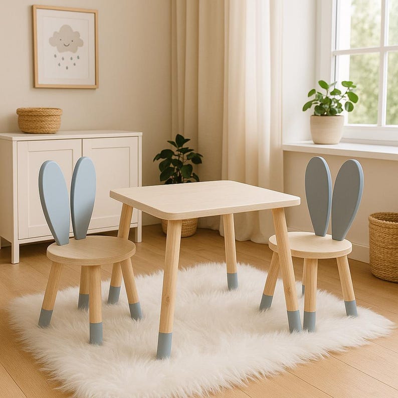 Rabbit Table and Chair Set – Montessori Wooden Kids Furniture – Bunny ...