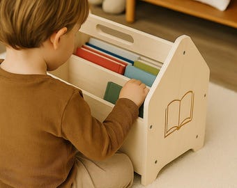Montessori Wooden Book Rack for Kids | Portable Book Storage Organizer | Toddler Bookshelf