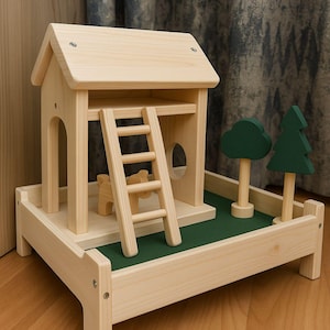 Wooden Farm Playhouse – Montessori Style Natural Toy Barn with Trees | Waldorf Inspired Kids Gift