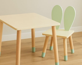 Montessori Bunny Ear Table and Chair Set — Handmade Wooden Kids Furniture, Sustainable Pastel Toodler Desk