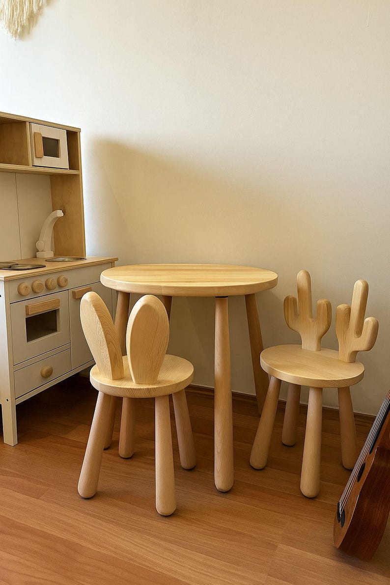 Wooden Kids Table and Chairs Set – Cactus & Bunny Backrest Design ...